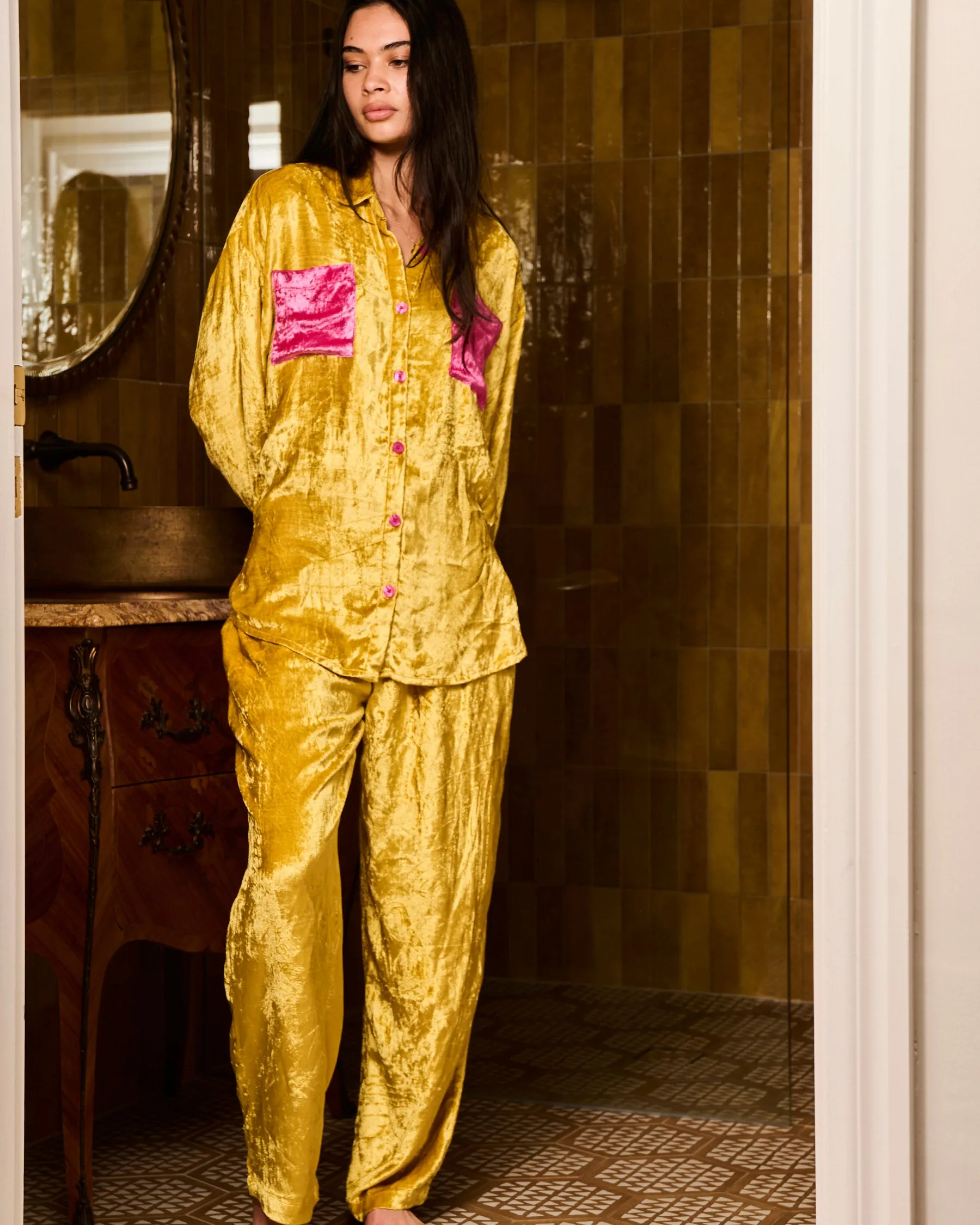 Goldie Adult Velvet Long Sleeve Shirt & Pant Pyjama Set