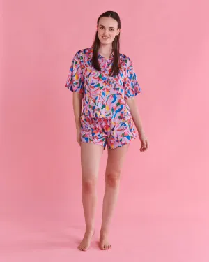 Kip&Co x Jenny Kee Opal Oz Pax Lilac Eco Satin Short Sleeve Shirt & Short Pyjama Set