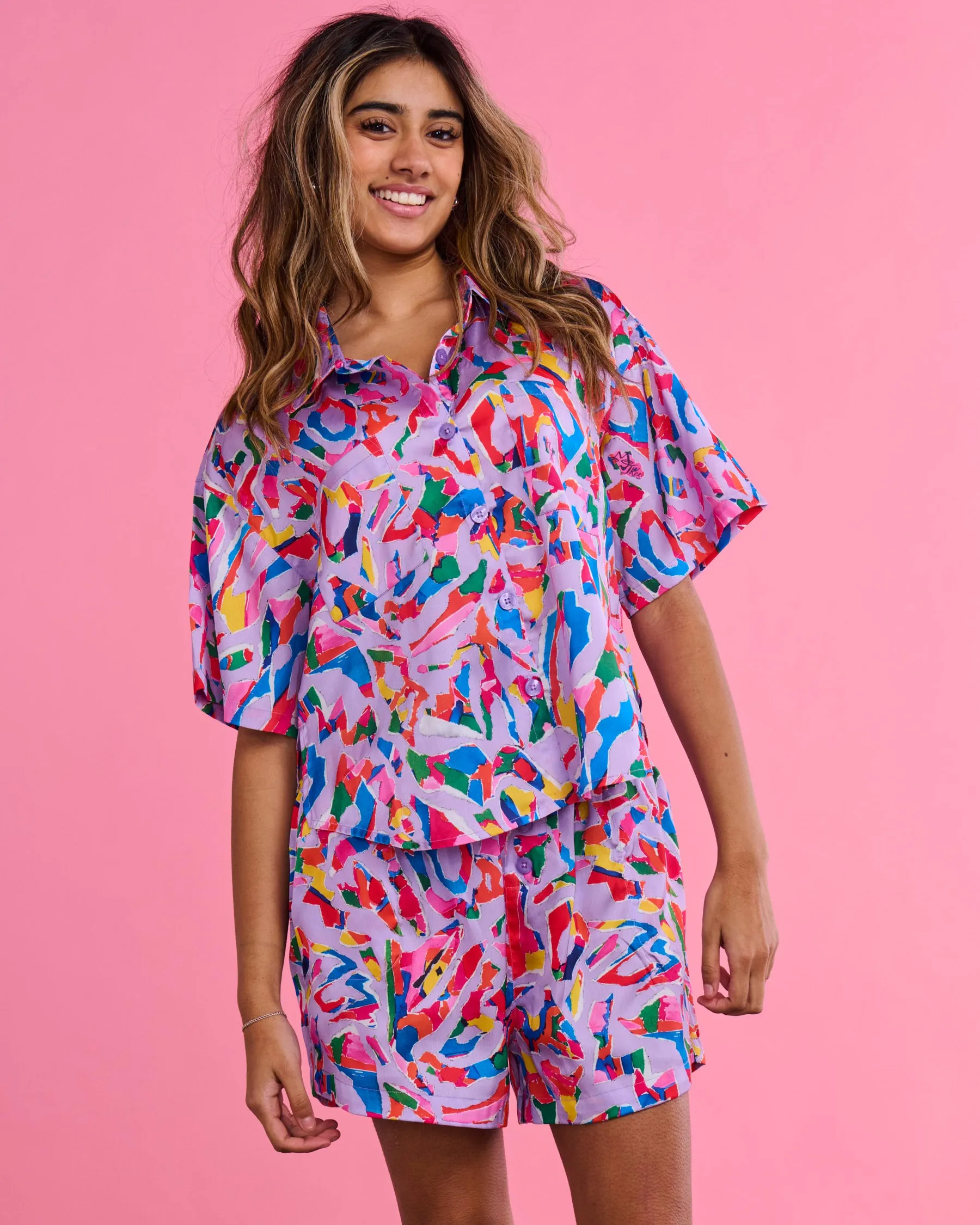 Kip&Co x Jenny Kee Opal Oz Pax Lilac Eco Satin Short Sleeve Shirt & Short Pyjama Set