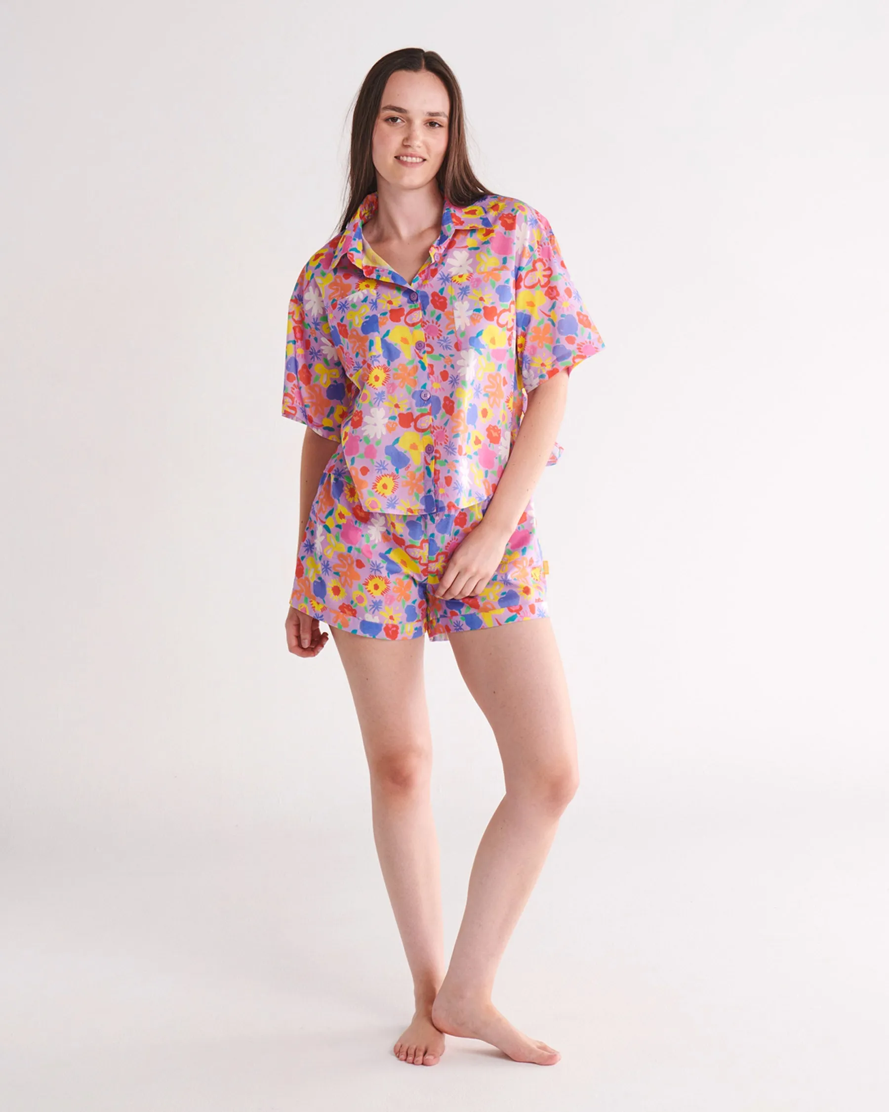 Kip&Co x Ken Done Summer Floral Lilac Organic Cotton Short Sleeve Shirt & Short Pyjama Set