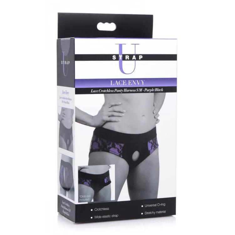 Lace Envy Crotchless Panty Harness - S/ M Black and Purple