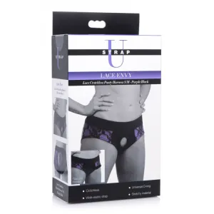 Lace Envy Crotchless Panty Harness - S/ M Black and Purple