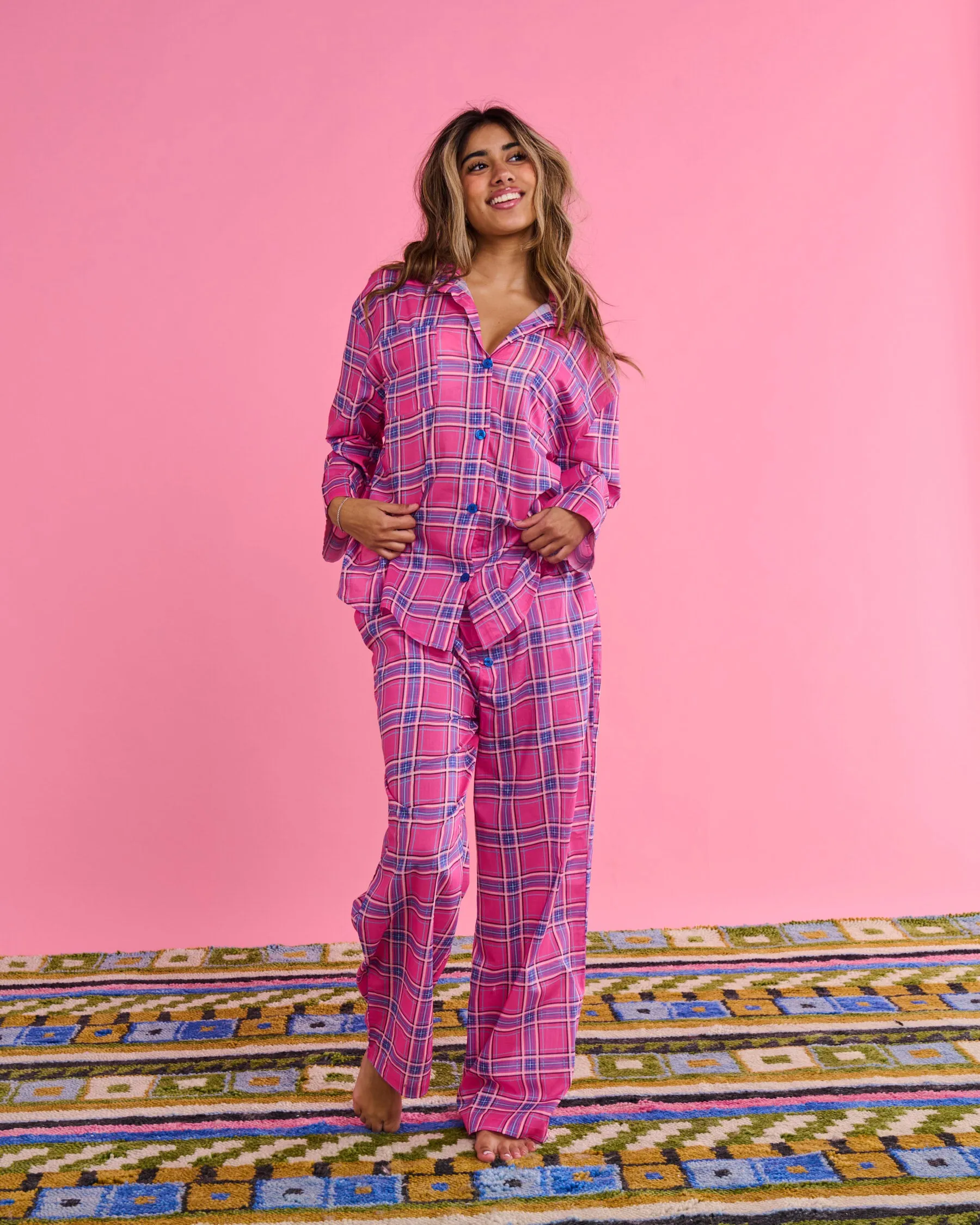 Pinky Tartan Organic Cotton Long Sleeve Shirt & Pant Pyjama Set