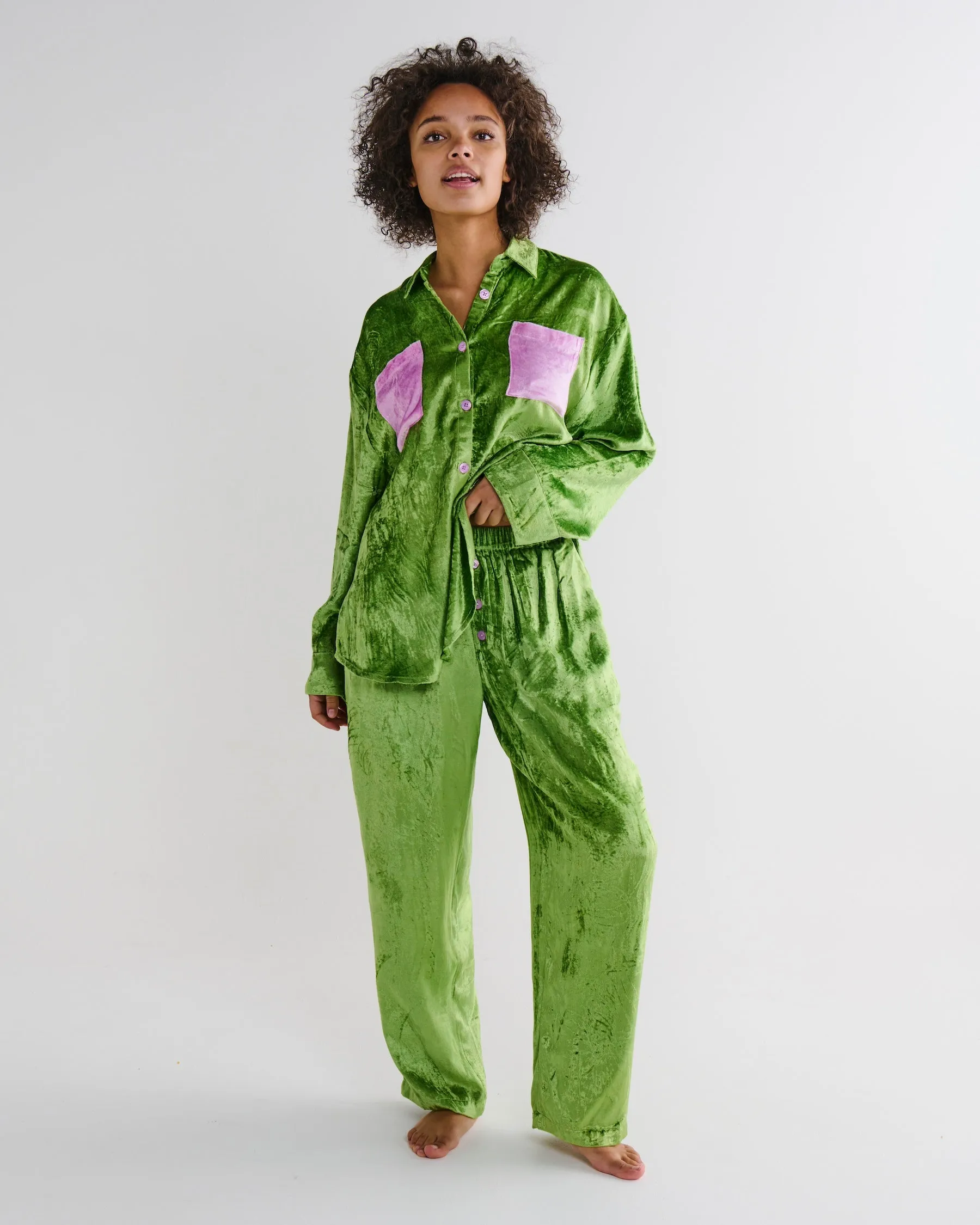 Pistachio Adult Velvet Long Sleeve Shirt & Pant Pyjama Set