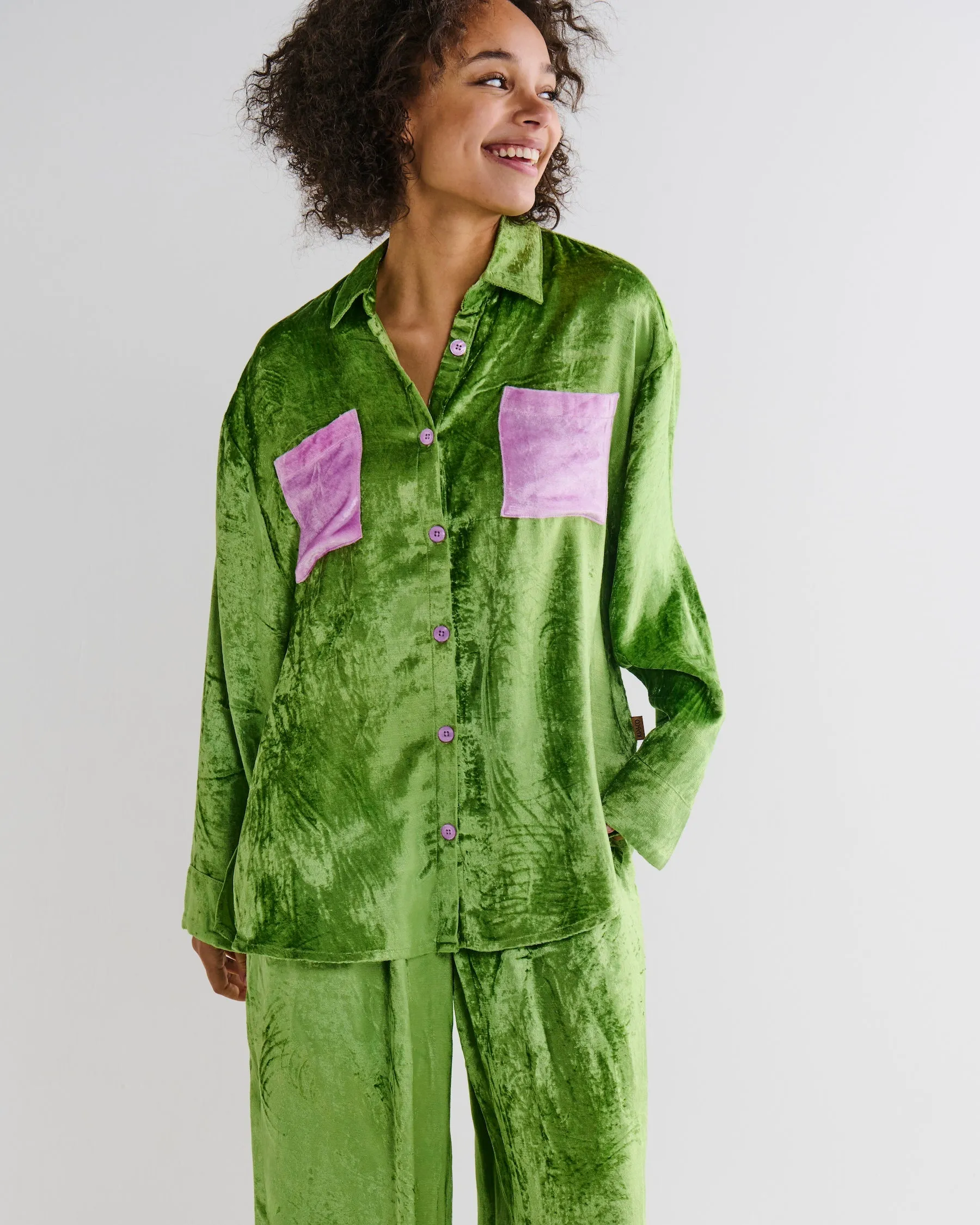 Pistachio Adult Velvet Long Sleeve Shirt & Pant Pyjama Set