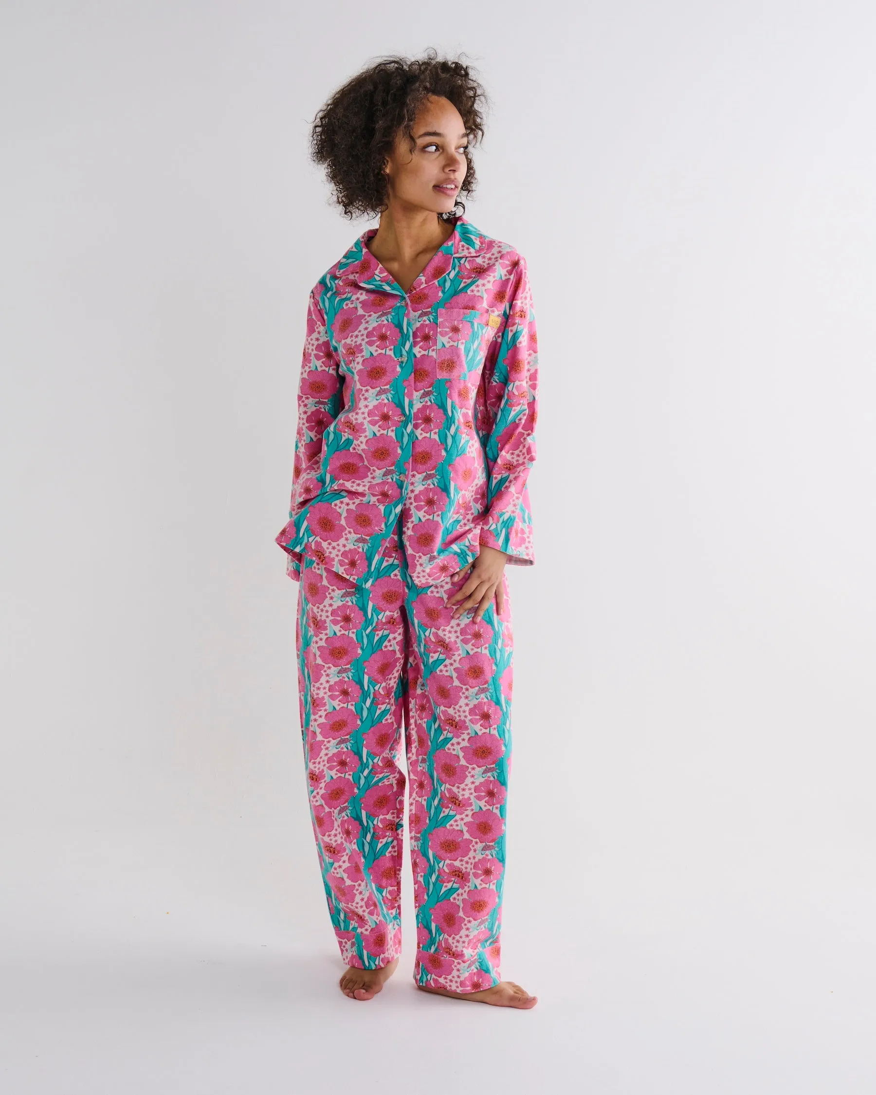Tumbling Flowers Pink Adult Flannelette Long Sleeve Shirt & Pant Pyjama Set