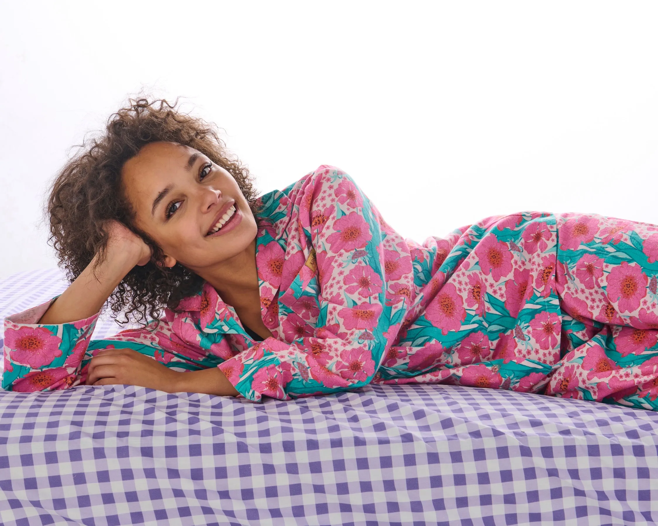 Tumbling Flowers Pink Adult Flannelette Long Sleeve Shirt & Pant Pyjama Set